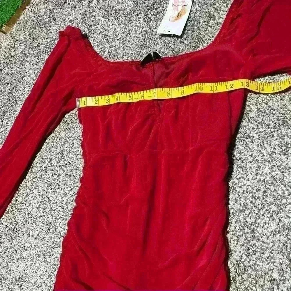 PRETTYGARDEN Women’s SZ S Red Sheer Sleeves Ruched Bodycon Dress - Picture 4 of 11